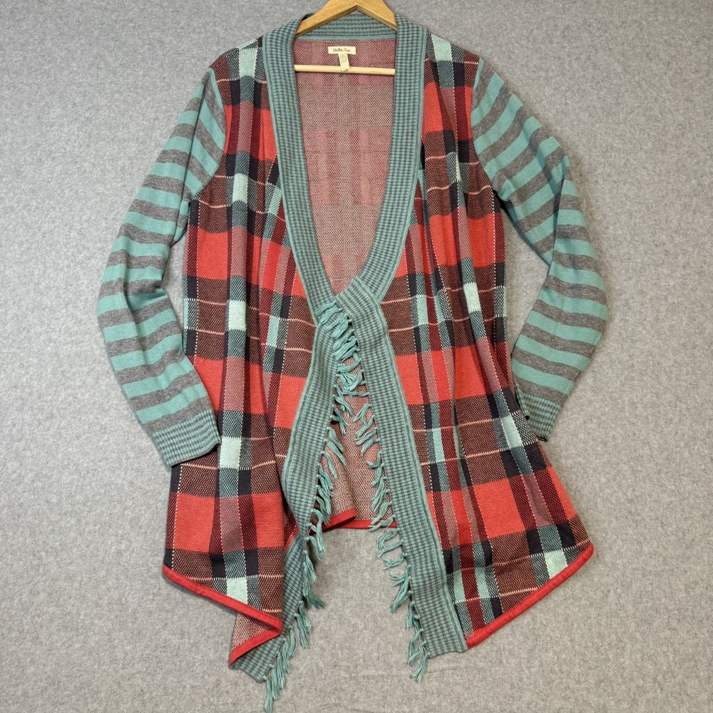 Matilda Jane Womens M Steadfast Cardigan Blanket Sweater Fringe Plaid Open Front